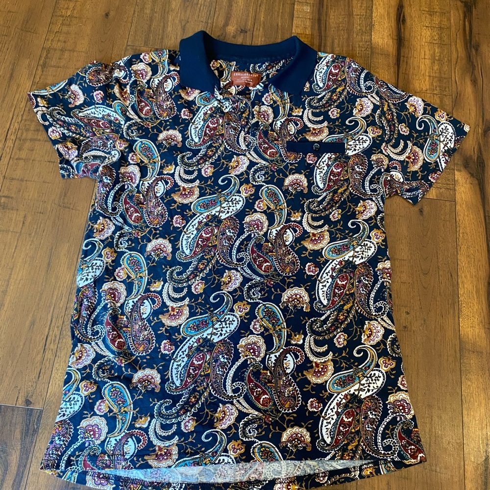 Consequence Mens Polo Tshirt Paisley Print Black Red Size Small